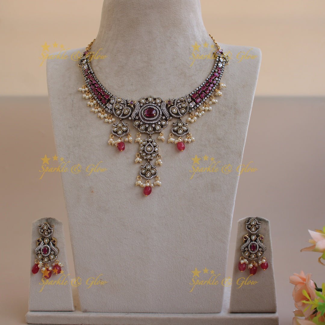 Gorgeous Peacock floral gutta pusalu victorian AD short necklace with ruby and pink beads - Sparkle and Glow - Mintgreen - Back Thread