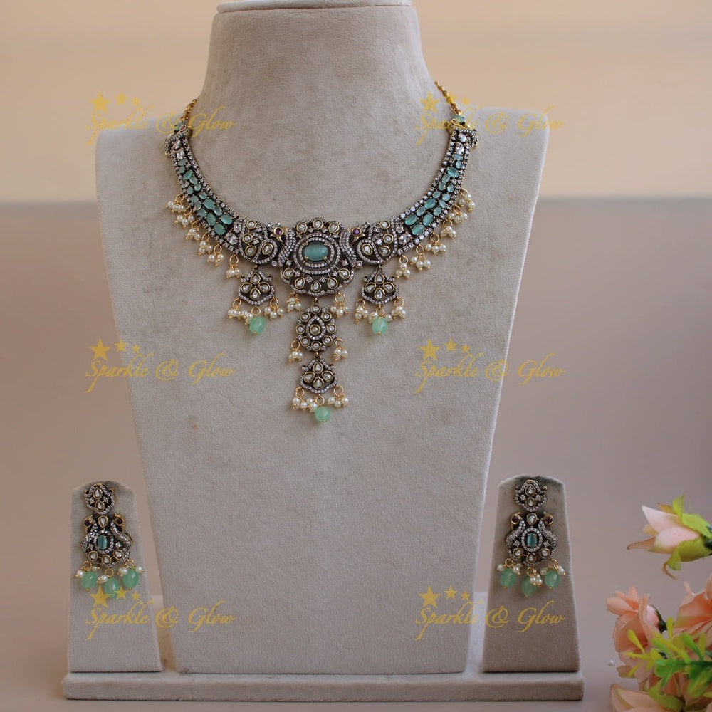 Gorgeous Peacock floral gutta pusalu victorian AD short necklace with ruby and pink beads - Sparkle and Glow - Mintgreen - Back Thread