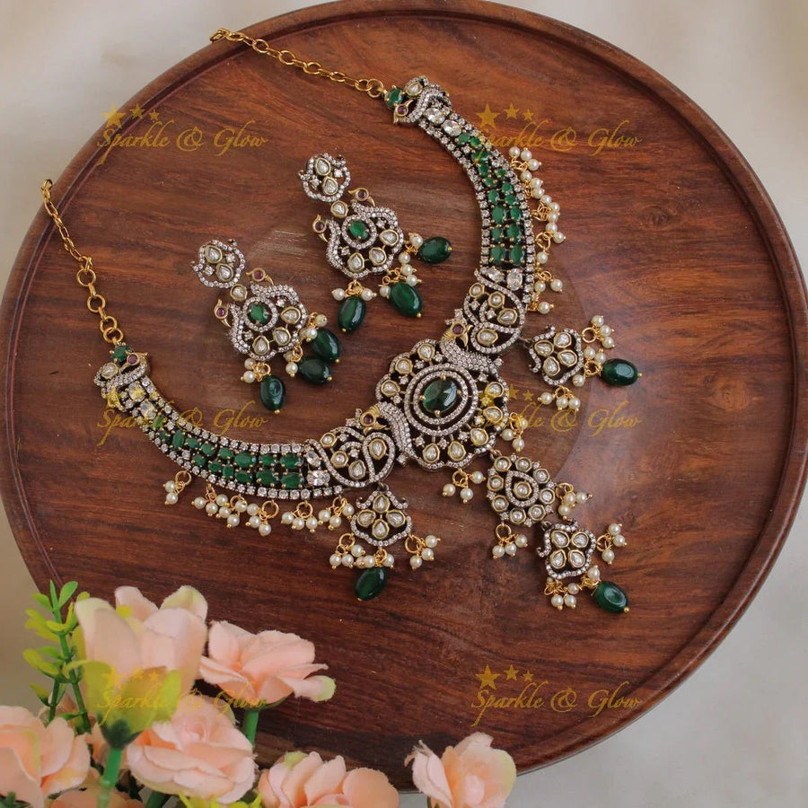 Gorgeous Peacock floral gutta pusalu victorian AD short necklace with ruby and pink beads - Sparkle and Glow