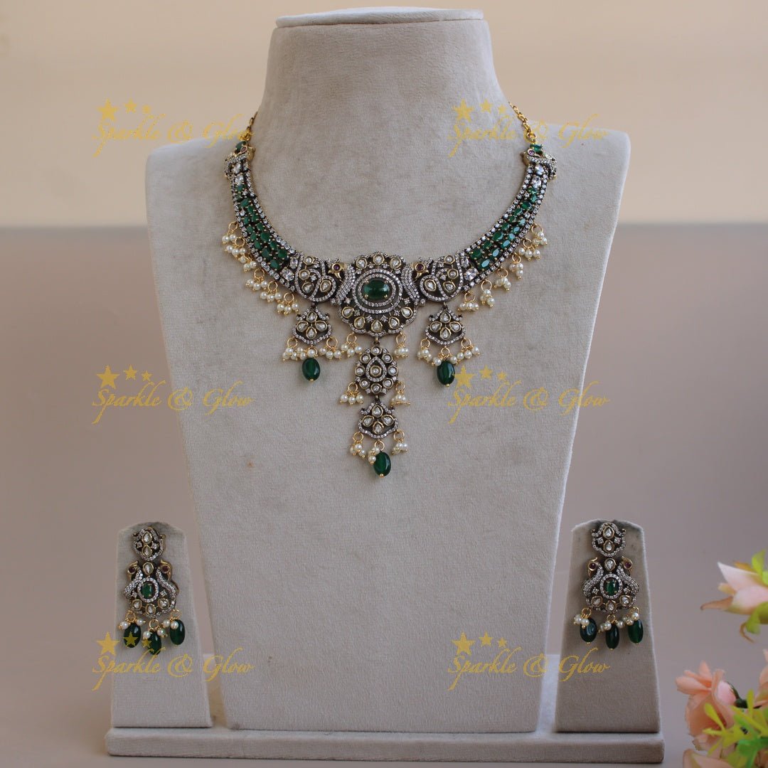 Gorgeous Peacock floral gutta pusalu victorian AD short necklace with ruby and pink beads - Sparkle and Glow - Mintgreen - Back Thread