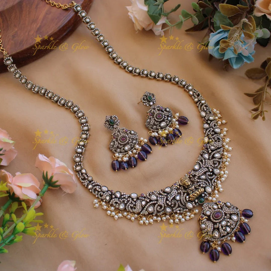 Gorgeous Lakshmi peacock design Victorian AD long necklace with pearls and purple beads - Sparkle and Glow