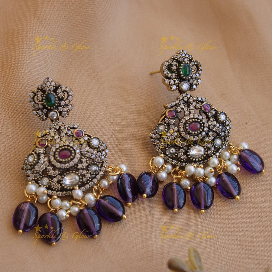 Gorgeous Lakshmi peacock design Victorian AD long necklace with pearls and purple beads - Sparkle and Glow - Purple - Back Thread
