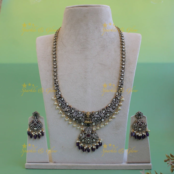 Gorgeous Lakshmi peacock design Victorian AD long necklace with pearls and purple beads - Sparkle and Glow - Red - Back Thread