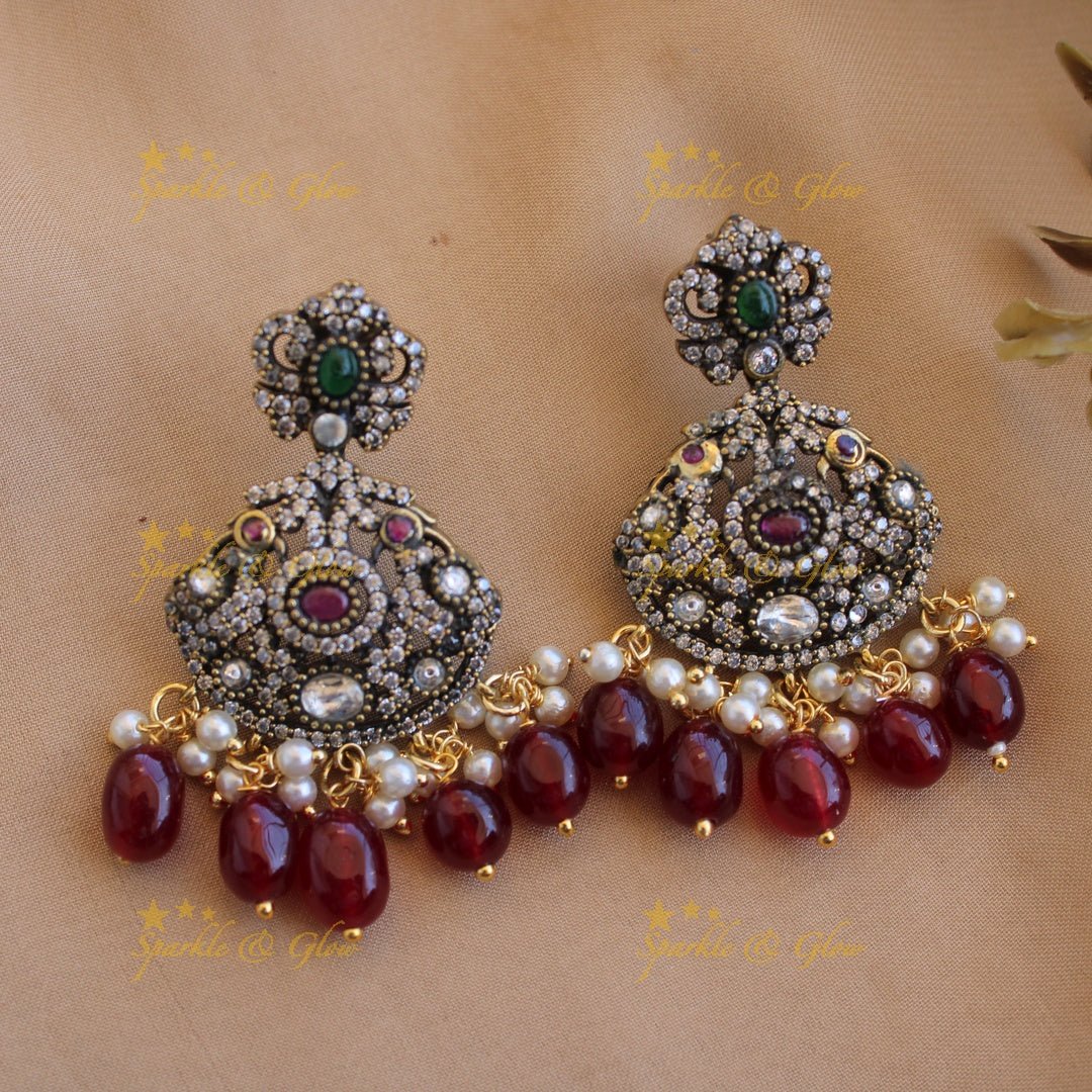 Gorgeous Lakshmi peacock design Victorian AD long necklace with pearls and purple beads - Sparkle and Glow - Red - Back Thread