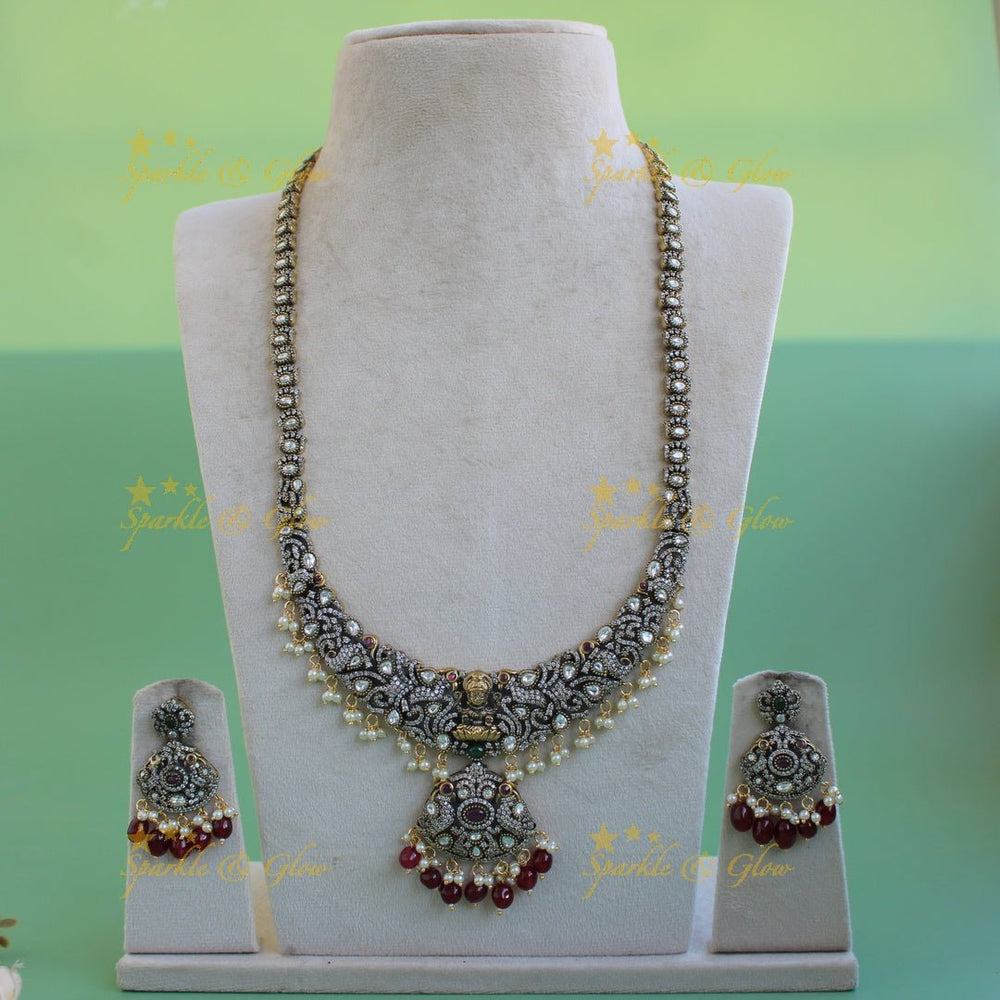 Gorgeous Lakshmi peacock design Victorian AD long necklace with pearls and purple beads - Sparkle and Glow - Purple - Back Thread