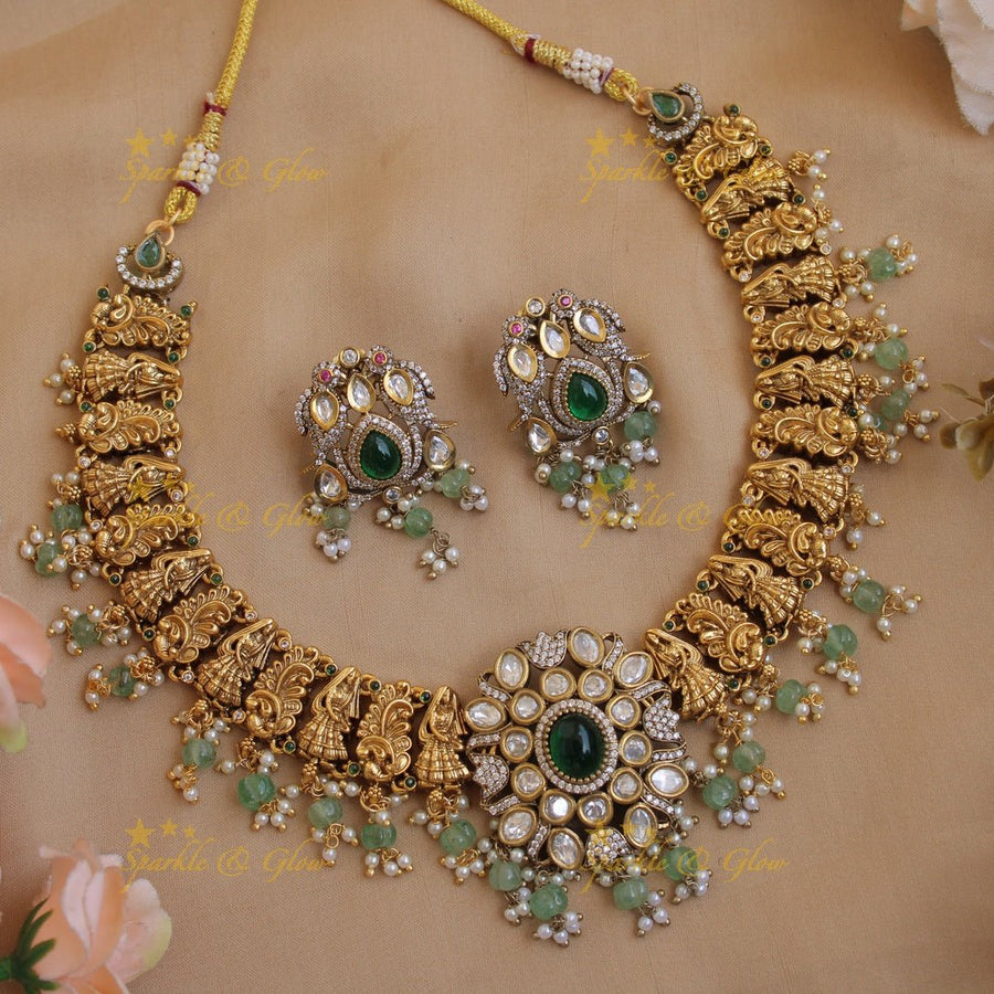 Stunning Peacock lady carved dual tone victorian AD short necklace with emerald and mint green beads - Sparkle and Glow - Emerald - Back Thread