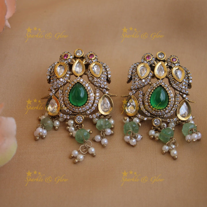 Stunning Peacock lady carved dual tone victorian AD short necklace with emerald and mint green beads - Sparkle and Glow - Ruby - Back Thread