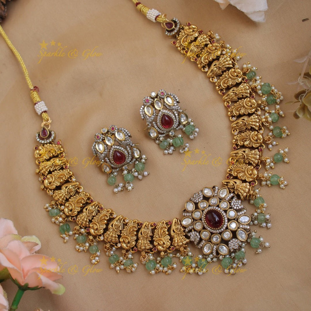 Stunning Peacock lady carved dual tone victorian AD short necklace with emerald and mint green beads - Sparkle and Glow - Ruby - Back Thread