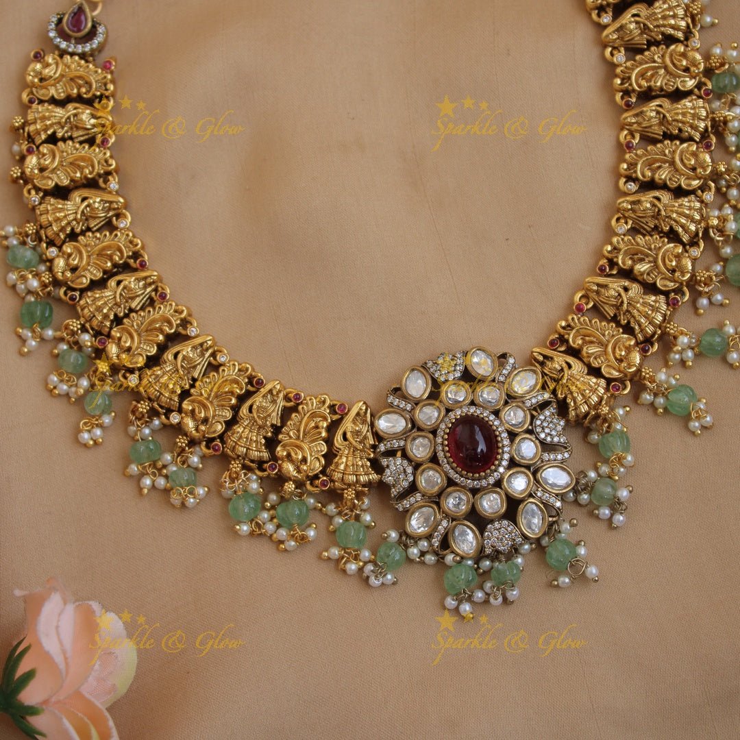 Stunning Peacock lady carved dual tone victorian AD short necklace with emerald and mint green beads - Sparkle and Glow - Ruby - Back Thread