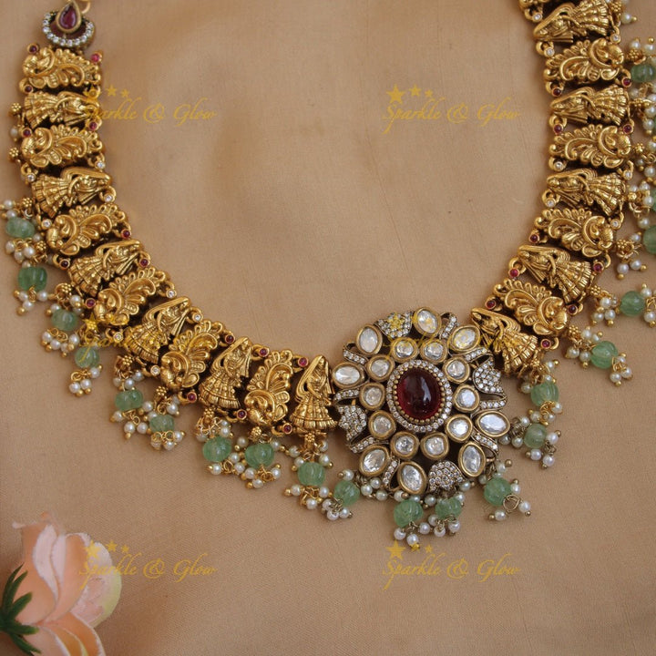 Stunning Peacock lady carved dual tone victorian AD short necklace with emerald and mint green beads - Sparkle and Glow - Ruby - Back Thread