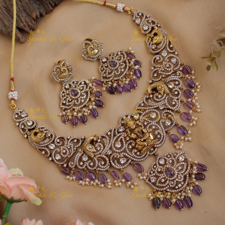 Exclusive Lakshmi peacock carved floral dual tone victorian AD short necklace with purple beads - Sparkle and Glow - Purple - Back Thread