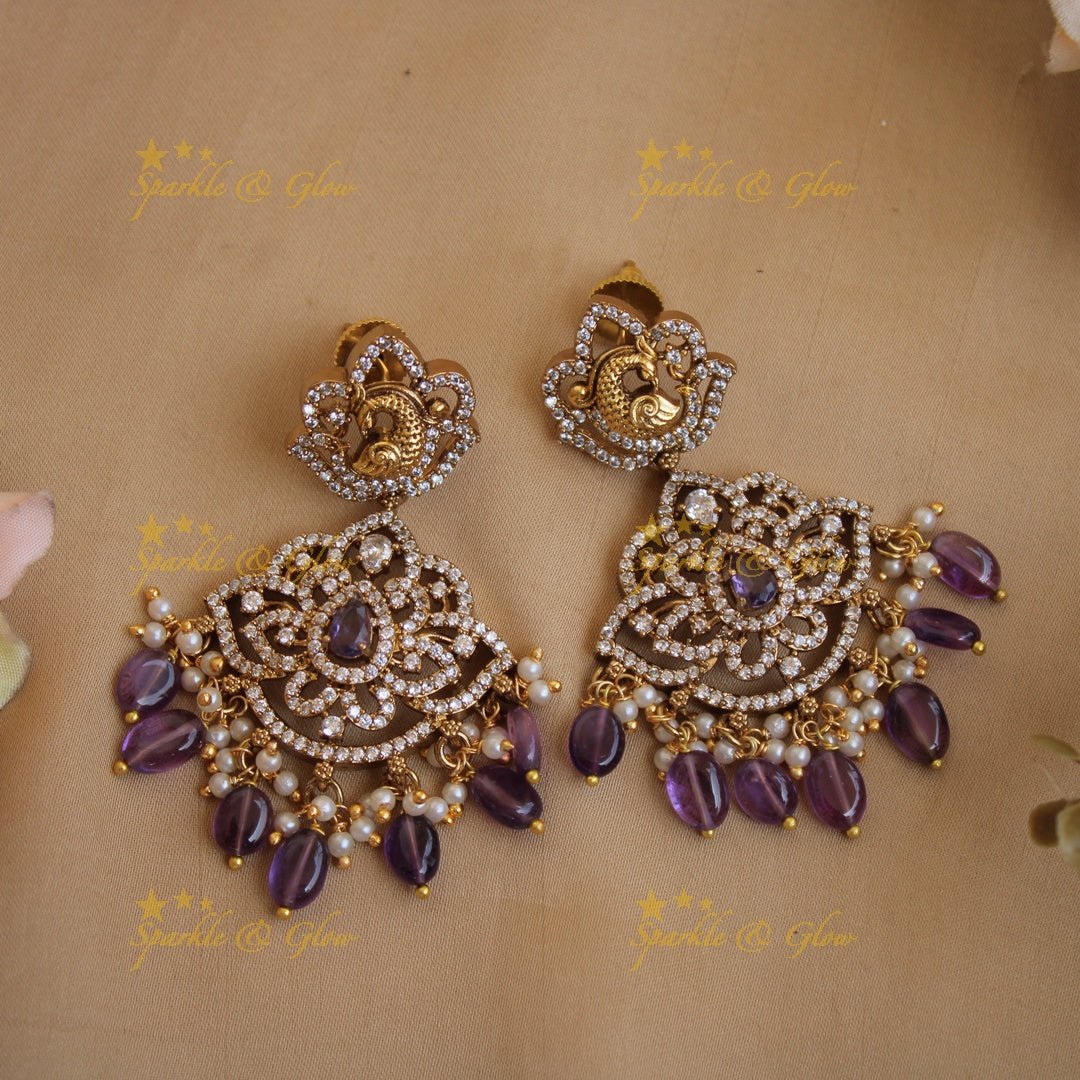 Exclusive Lakshmi peacock carved floral dual tone victorian AD short necklace with purple beads - Sparkle and Glow - Purple - Back Thread