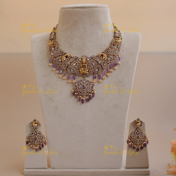 Exclusive Lakshmi peacock carved floral dual tone victorian AD short necklace with purple beads - Sparkle and Glow - Purple - Back Thread