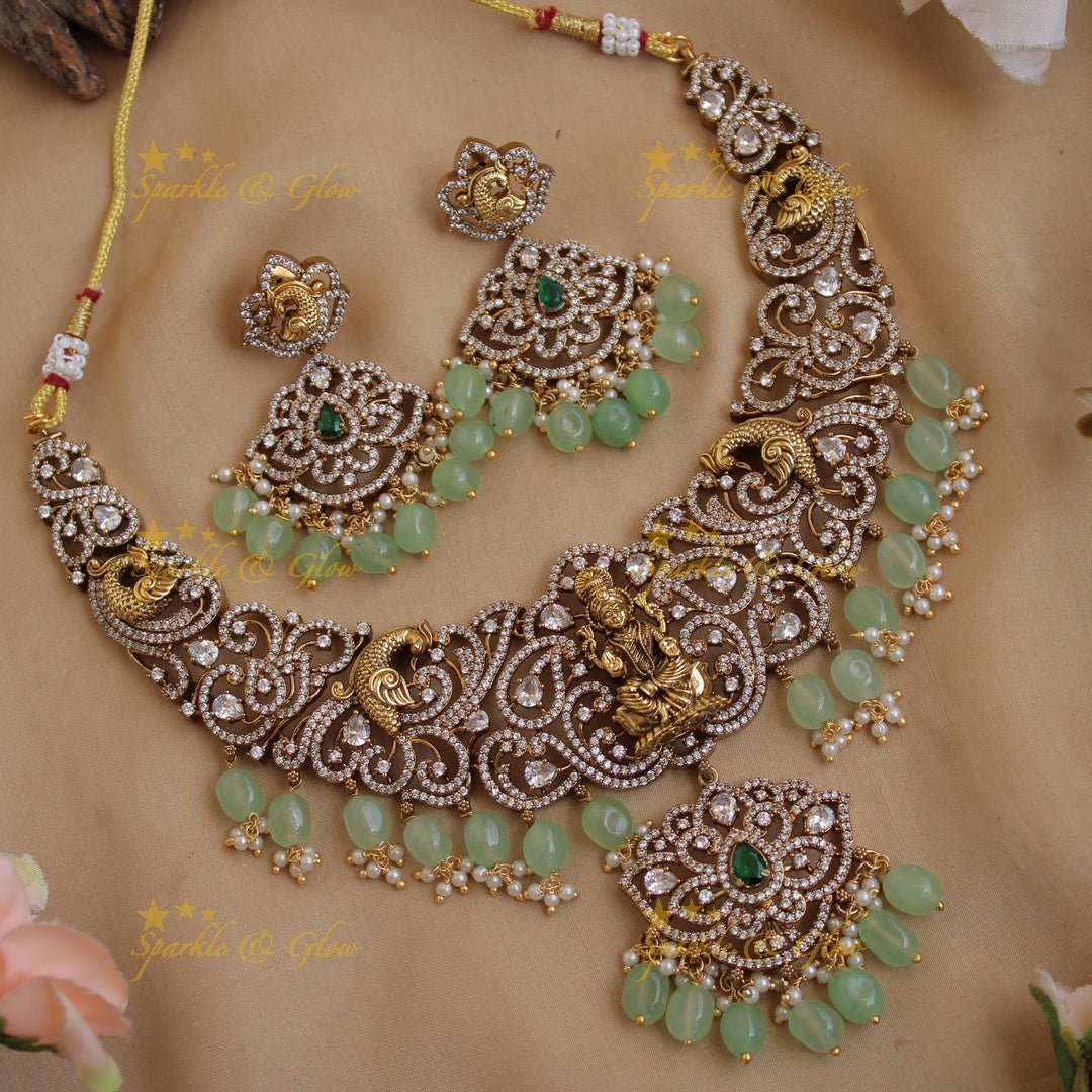 Exclusive Lakshmi peacock carved floral dual tone victorian AD short necklace with purple beads - Sparkle and Glow - Mintgreen - Back Thread