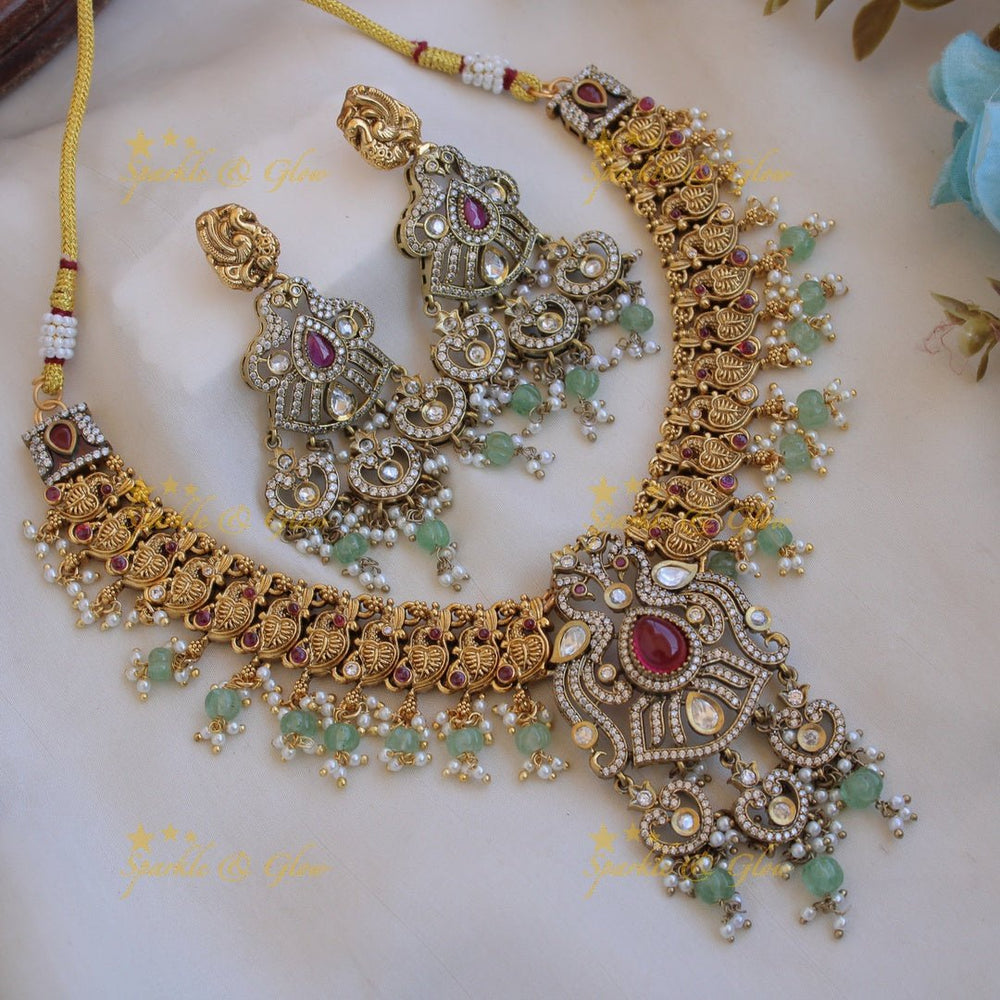 Stunning Peacock carved dual tone victorian AD short necklace with pearls and mint green beads - Sparkle and Glow - Red - Back Thread