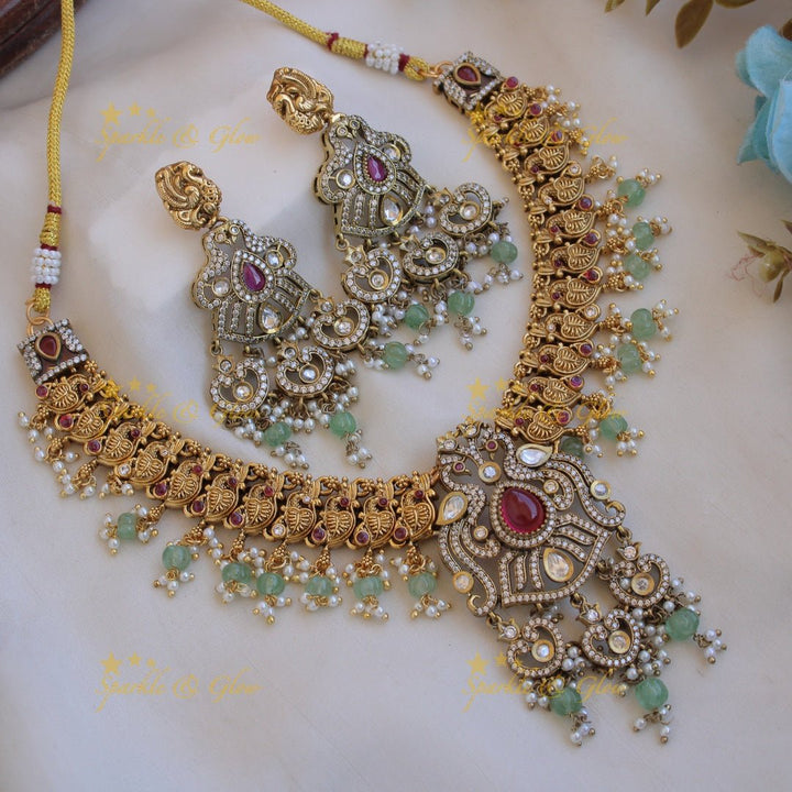 Stunning Peacock carved dual tone victorian AD short necklace with pearls and mint green beads - Sparkle and Glow - Red - Back Thread