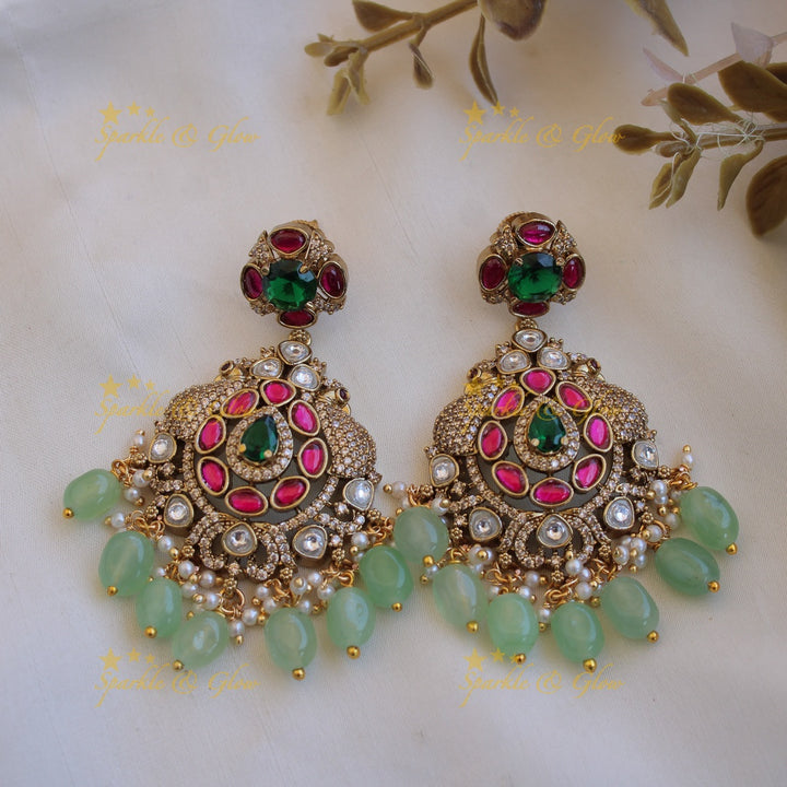 Beautiful Peacock floral design victorian AD short necklace with emerald and mint green beads