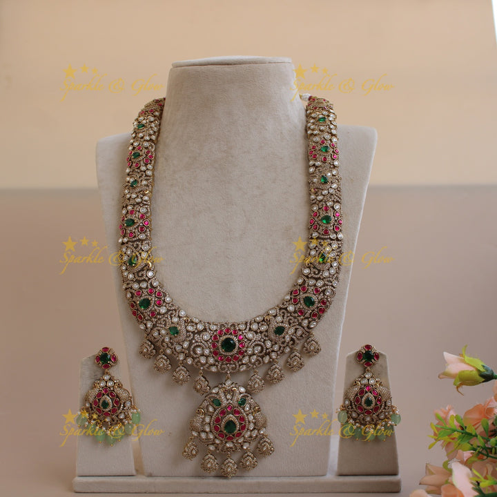 Grand intricate Peacock floral design Victorian AD long necklace with ruby emerald and mint green beads