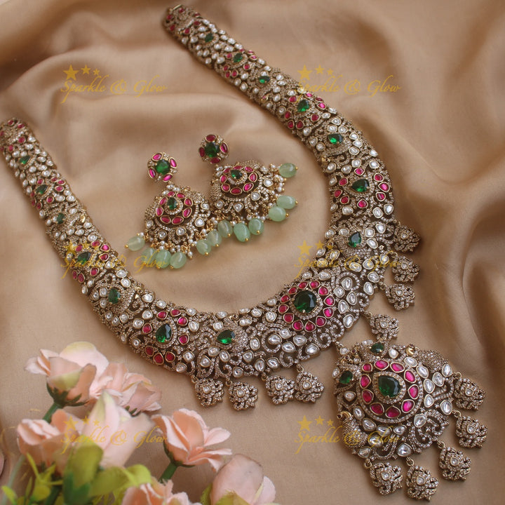 Grand intricate Peacock floral design Victorian AD long necklace with ruby emerald and mint green beads