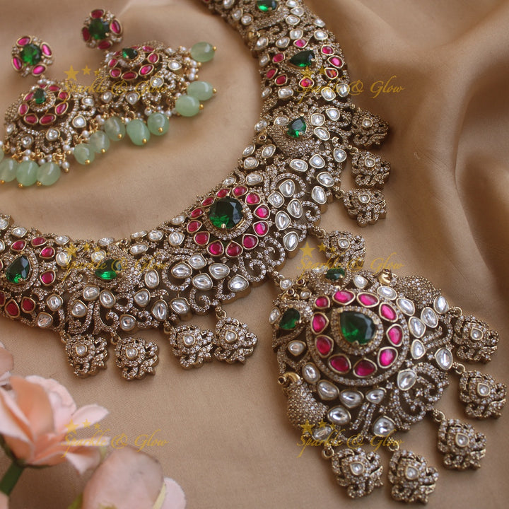 Grand intricate Peacock floral design Victorian AD long necklace with ruby emerald and mint green beads
