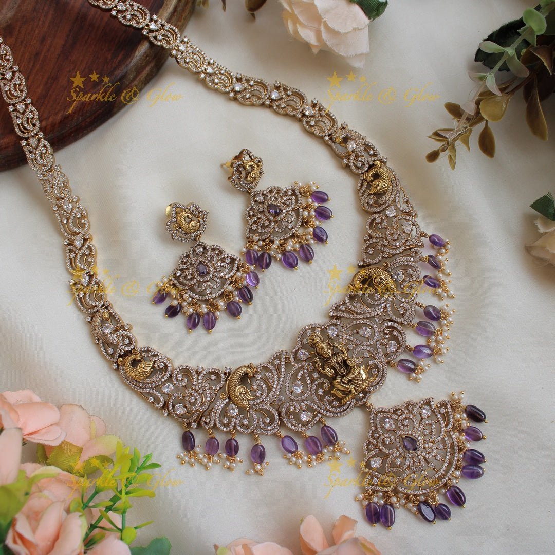 Esquisite Lakshmi Peacock carved floral design Victorian AD long necklace with purple beads - Sparkle and Glow - Mintgreen - Back Thread
