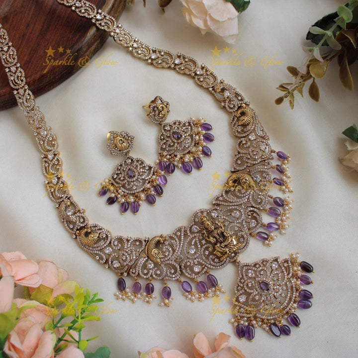 Esquisite Lakshmi Peacock carved floral design Victorian AD long necklace with purple beads - Sparkle and Glow - Mintgreen - Back Thread