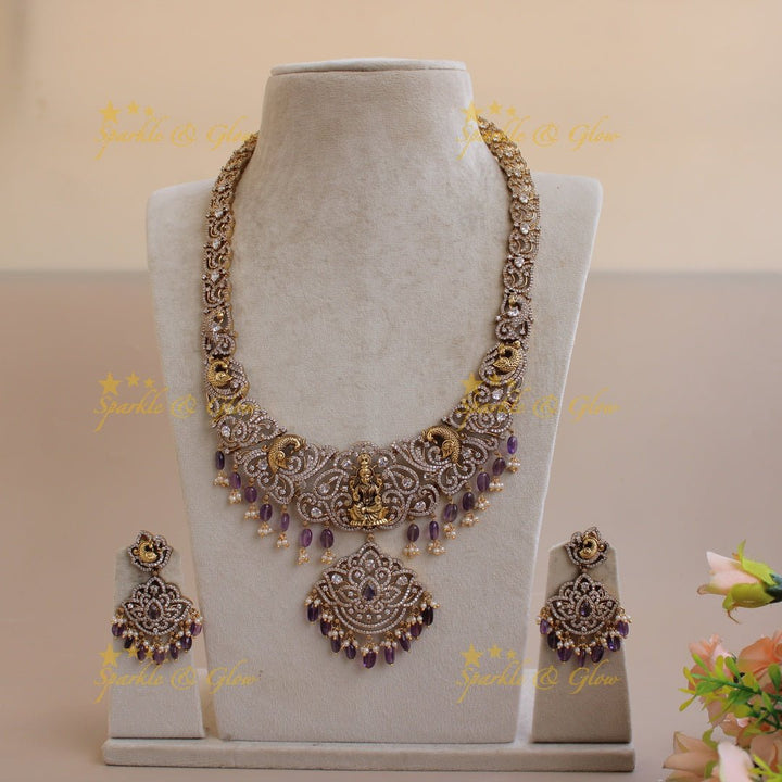 Esquisite Lakshmi Peacock carved floral design Victorian AD long necklace with purple beads - Sparkle and Glow - Mintgreen - Back Thread