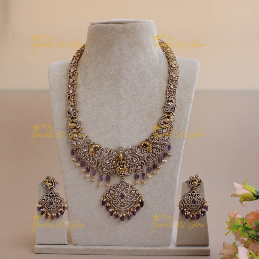Esquisite Lakshmi Peacock carved floral design Victorian AD long necklace with purple beads - Sparkle and Glow - Mintgreen - Back Thread