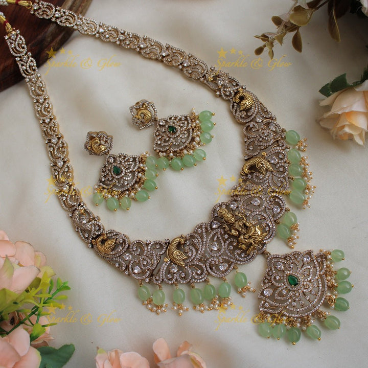 Esquisite Lakshmi Peacock carved floral design Victorian AD long necklace with purple beads - Sparkle and Glow - Mintgreen - Back Thread
