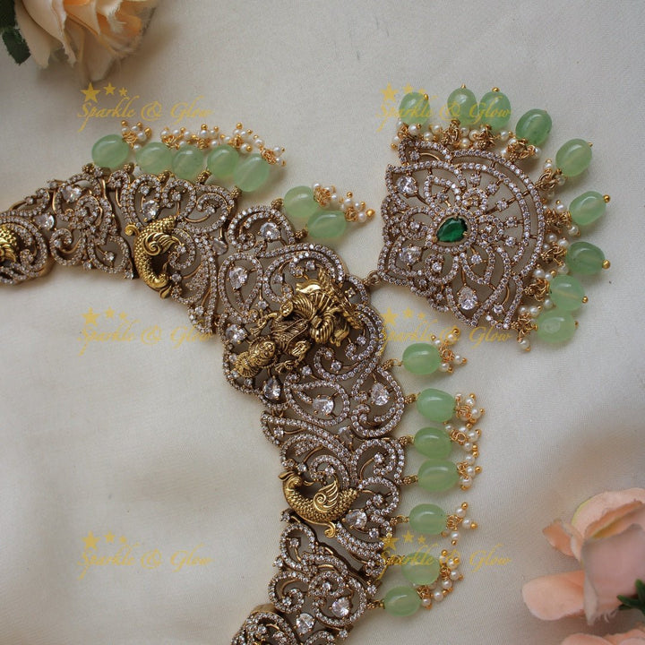 Esquisite Lakshmi Peacock carved floral design Victorian AD long necklace with purple beads - Sparkle and Glow - Mintgreen - Back Thread