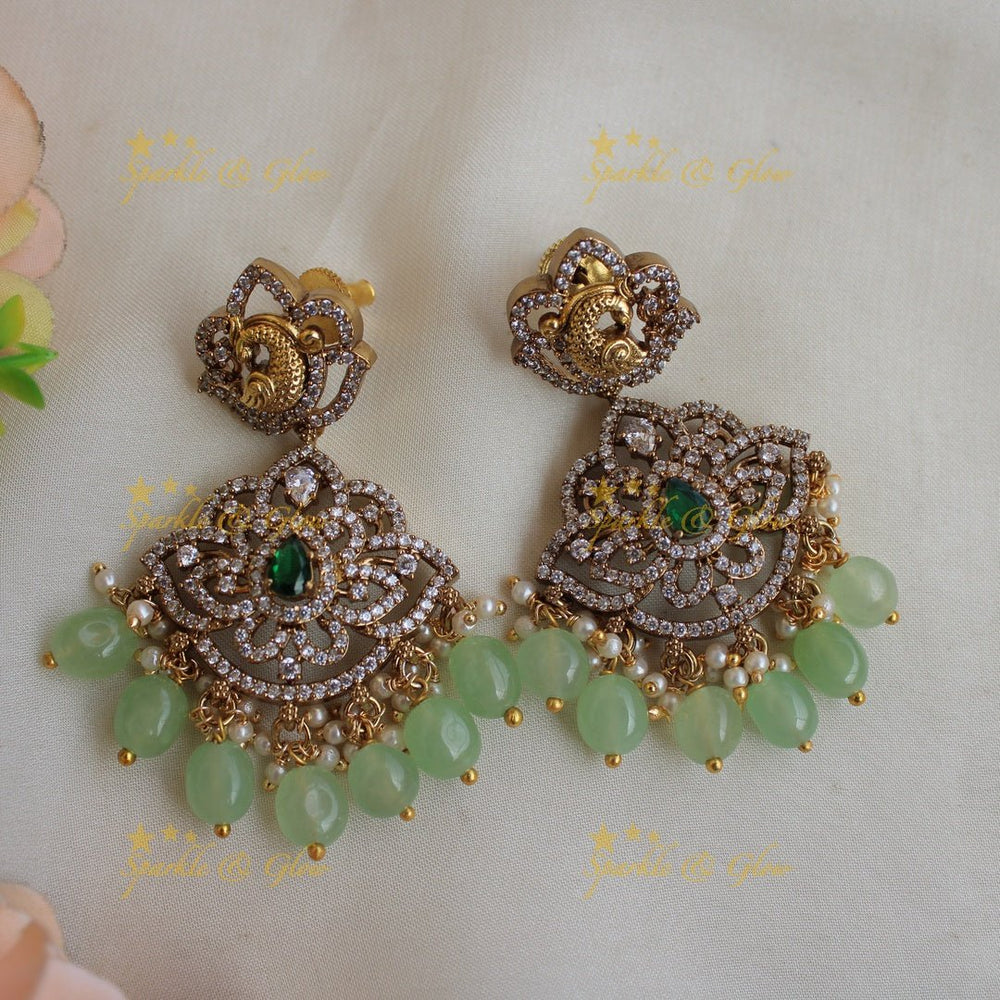 Esquisite Lakshmi Peacock carved floral design Victorian AD long necklace with purple beads - Sparkle and Glow - Mintgreen - Back Thread