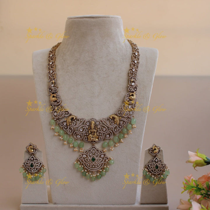 Esquisite Lakshmi Peacock carved floral design Victorian AD long necklace with purple beads - Sparkle and Glow - Purple - Back Thread