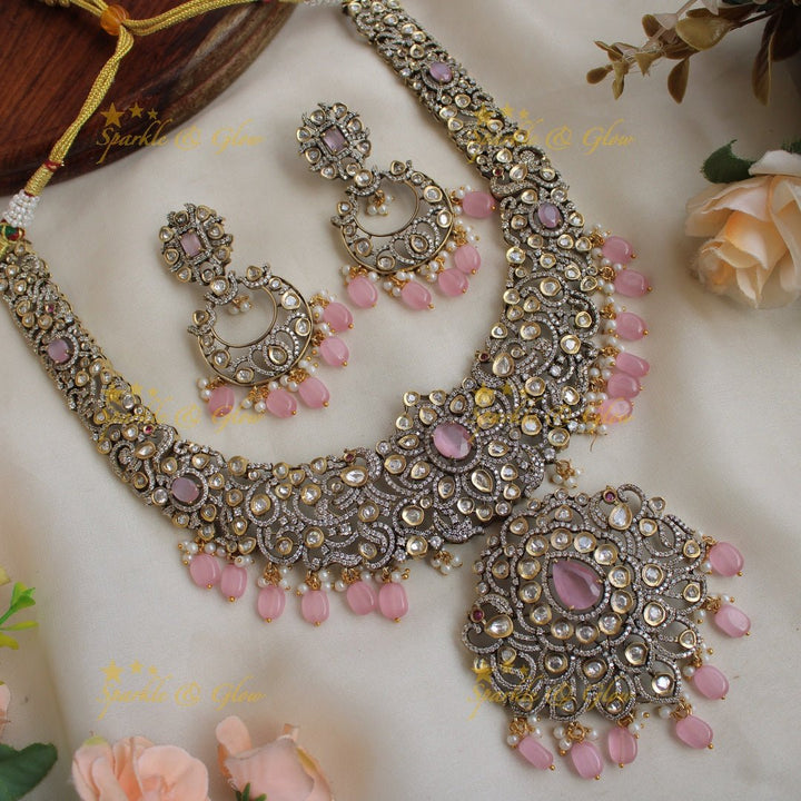 Grand Peacock floral design Victorian AD long necklace with baby pink beads and stones - Sparkle and Glow - Babypink - Back Thread