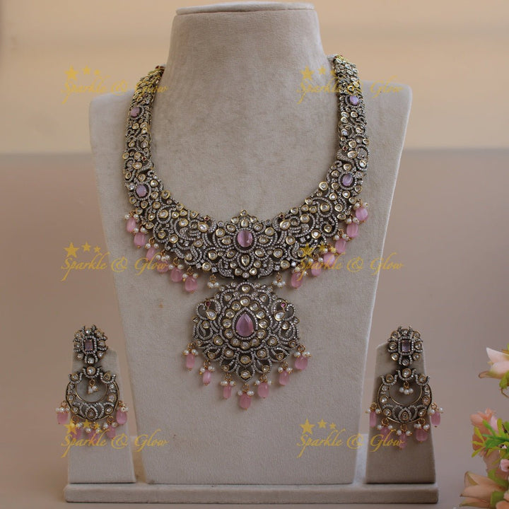 Grand Peacock floral design Victorian AD long necklace with baby pink beads and stones - Sparkle and Glow - Green - Back Thread