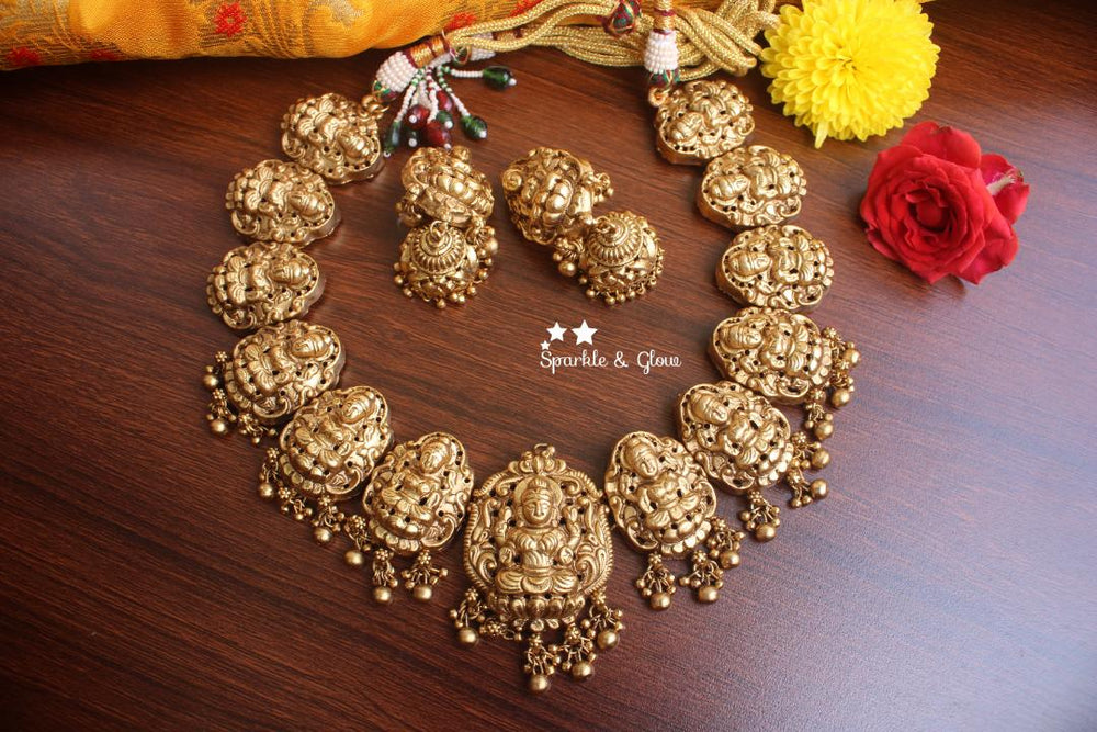 Premium quality gold alike polished lakshmi necklace with gold drops - Sparkle and Glow - Gold - Back Thread