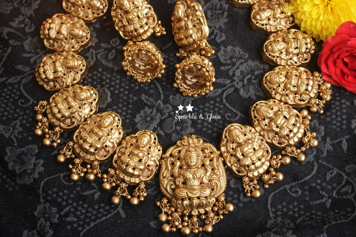 Premium quality gold alike polished lakshmi necklace with gold drops - Sparkle and Glow - Gold - Back Thread