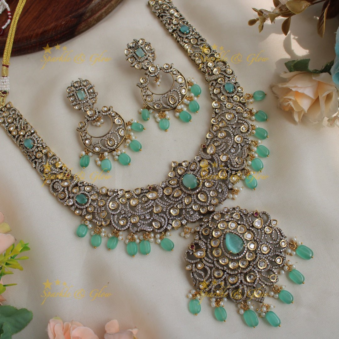 Grand Peacock floral design Victorian AD long necklace with baby pink beads and stones - Sparkle and Glow - Green - Back Thread