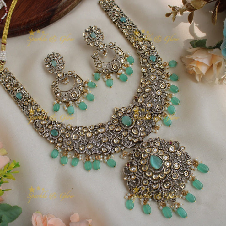 Grand Peacock floral design Victorian AD long necklace with baby pink beads and stones - Sparkle and Glow - Green - Back Thread