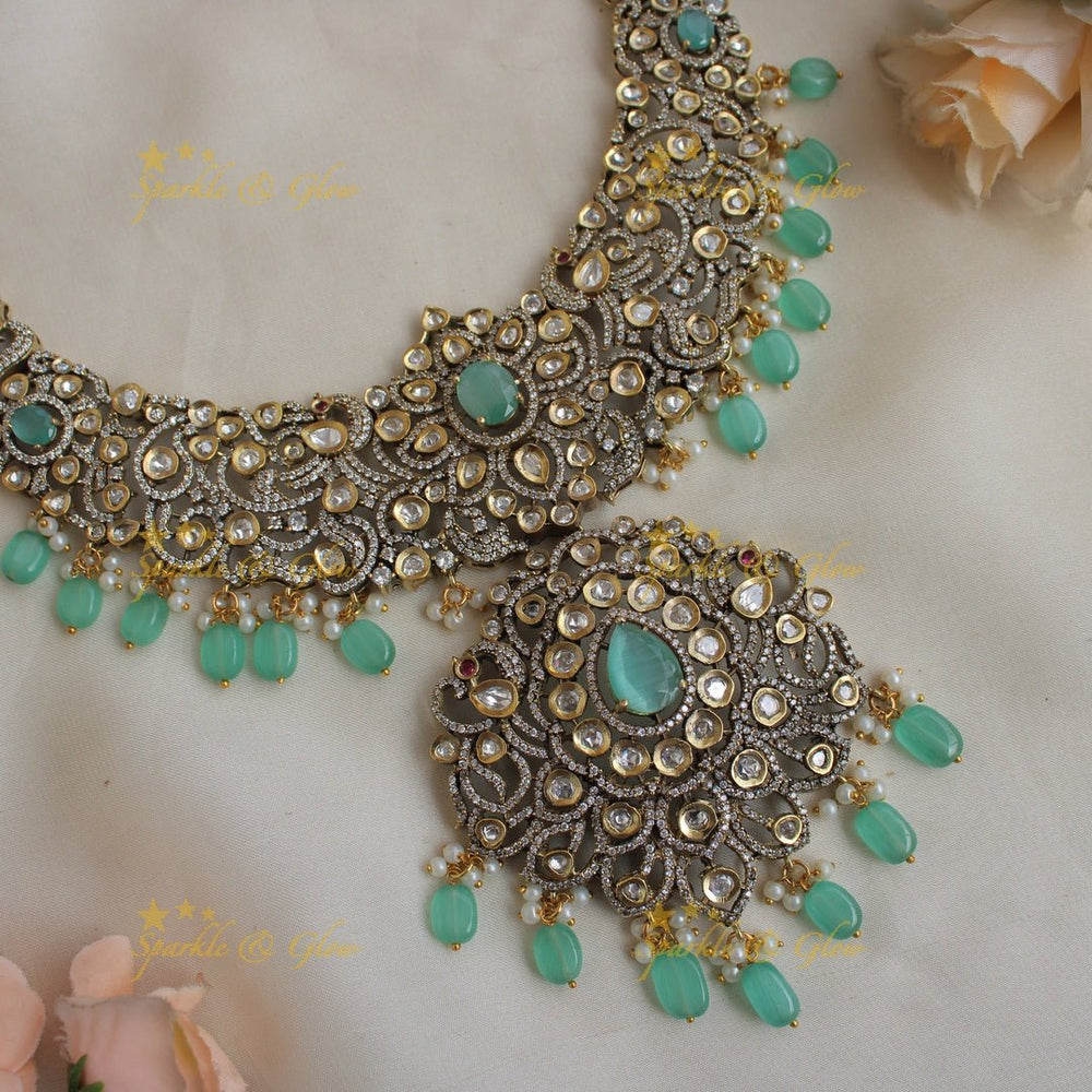Grand Peacock floral design Victorian AD long necklace with baby pink beads and stones - Sparkle and Glow - Mintgreen - Back Thread