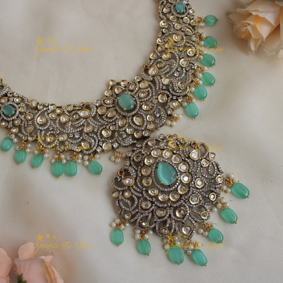 Grand Peacock floral design Victorian AD long necklace with baby pink beads and stones - Sparkle and Glow - Mintgreen - Back Thread