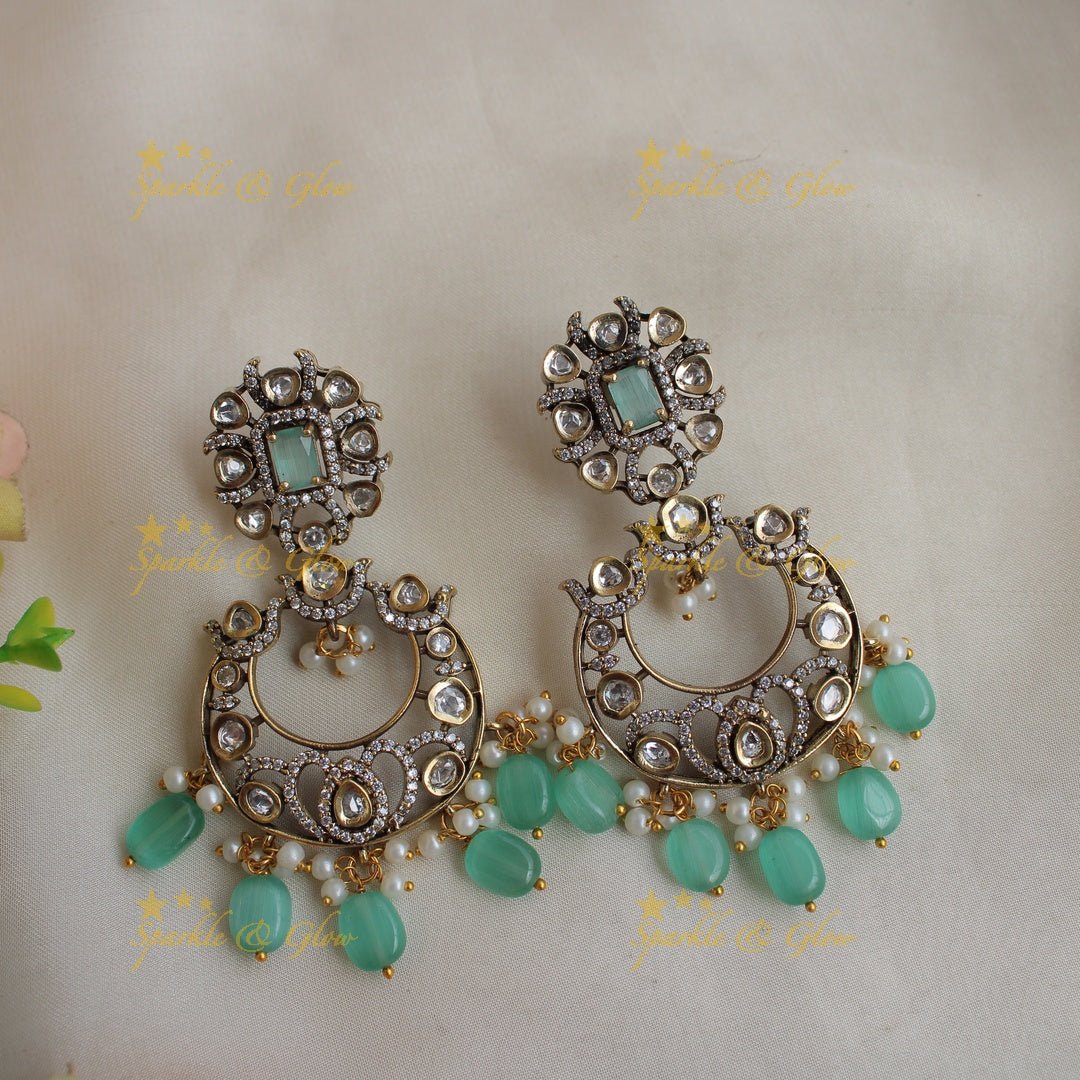 Grand Peacock floral design Victorian AD long necklace with baby pink beads and stones - Sparkle and Glow - Green - Back Thread