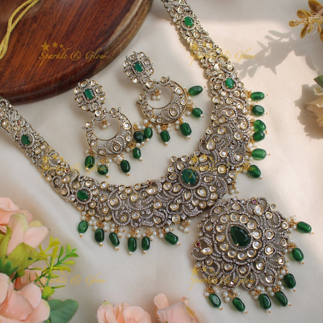 Grand Peacock floral design Victorian AD long necklace with baby pink beads and stones - Sparkle and Glow - Green - Back Thread