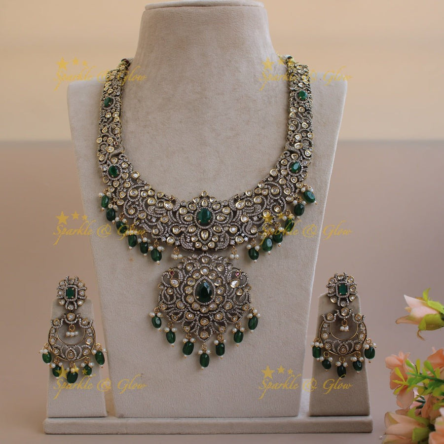 Grand Peacock floral design Victorian AD long necklace with baby pink beads and stones - Sparkle and Glow - Mintgreen - Back Thread