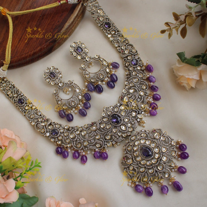 Grand Peacock floral design Victorian AD long necklace with baby pink beads and stones - Sparkle and Glow - Purple - Back Thread