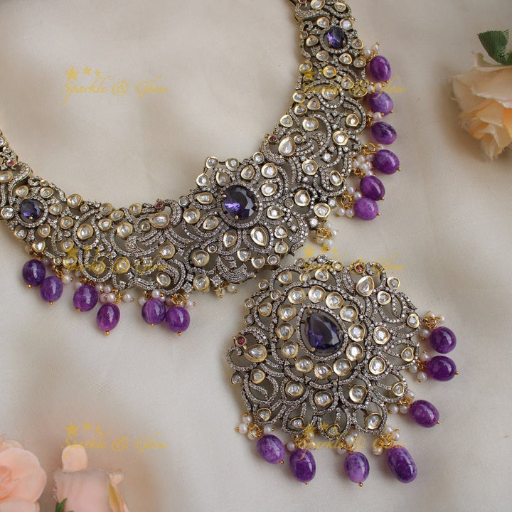 Grand Peacock floral design Victorian AD long necklace with baby pink beads and stones - Sparkle and Glow - Purple - Back Thread