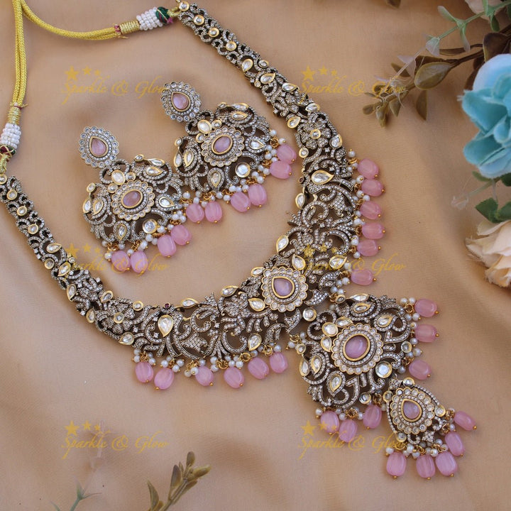 Grand intricate Floral peacock design Victorian AD long necklace with baby pink beads and stones - Sparkle and Glow - Maroon - Back Thread