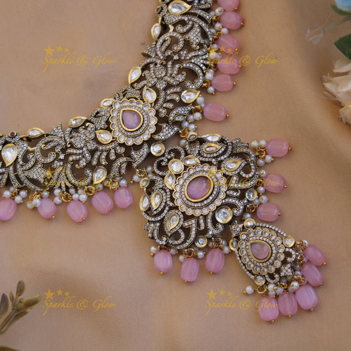 Grand intricate Floral peacock design Victorian AD long necklace with baby pink beads and stones - Sparkle and Glow - Babypink - Back Thread