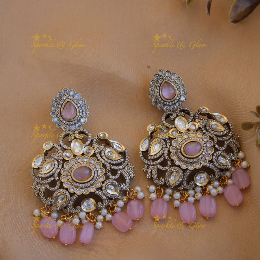 Grand intricate Floral peacock design Victorian AD long necklace with baby pink beads and stones - Sparkle and Glow - Babypink - Back Thread