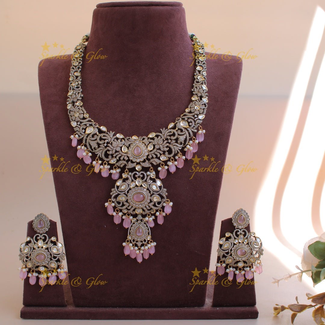 Grand intricate Floral peacock design Victorian AD long necklace with baby pink beads and stones - Sparkle and Glow - Purple - Back Thread