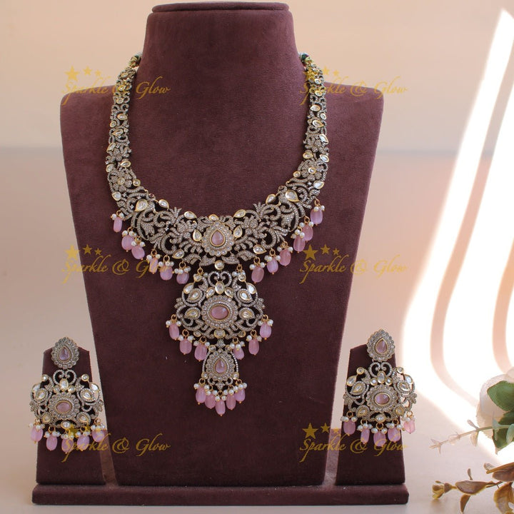 Grand intricate Floral peacock design Victorian AD long necklace with baby pink beads and stones - Sparkle and Glow - Purple - Back Thread